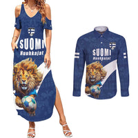 Custom Finland Football Lion Mascot Couples Matching Summer Maxi Dress and Long Sleeve Button Shirt Huuhkajat with Finnish Folk Paterns