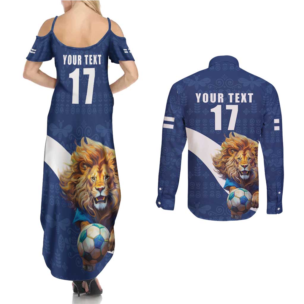 Custom Finland Football Lion Mascot Couples Matching Summer Maxi Dress and Long Sleeve Button Shirt Huuhkajat with Finnish Folk Paterns