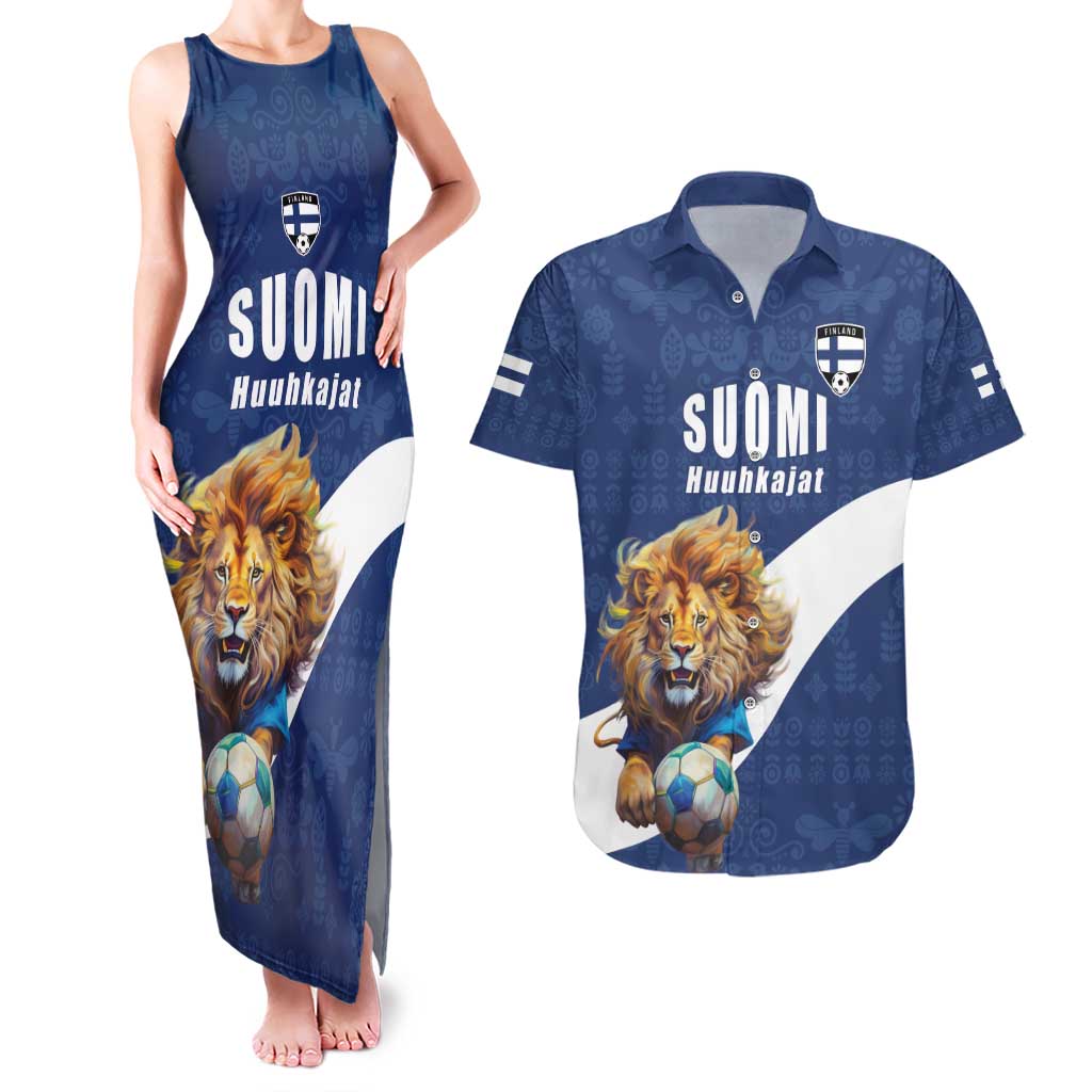 Custom Finland Football Lion Mascot Couples Matching Tank Maxi Dress and Hawaiian Shirt Huuhkajat with Finnish Folk Paterns