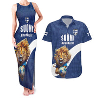 Custom Finland Football Lion Mascot Couples Matching Tank Maxi Dress and Hawaiian Shirt Huuhkajat with Finnish Folk Paterns