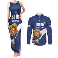 Custom Finland Football Lion Mascot Couples Matching Tank Maxi Dress and Long Sleeve Button Shirt Huuhkajat with Finnish Folk Paterns