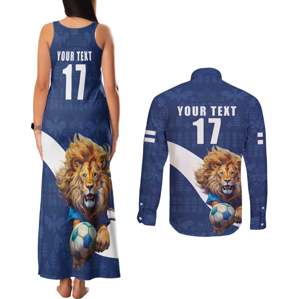 Custom Finland Football Lion Mascot Couples Matching Tank Maxi Dress and Long Sleeve Button Shirt Huuhkajat with Finnish Folk Paterns