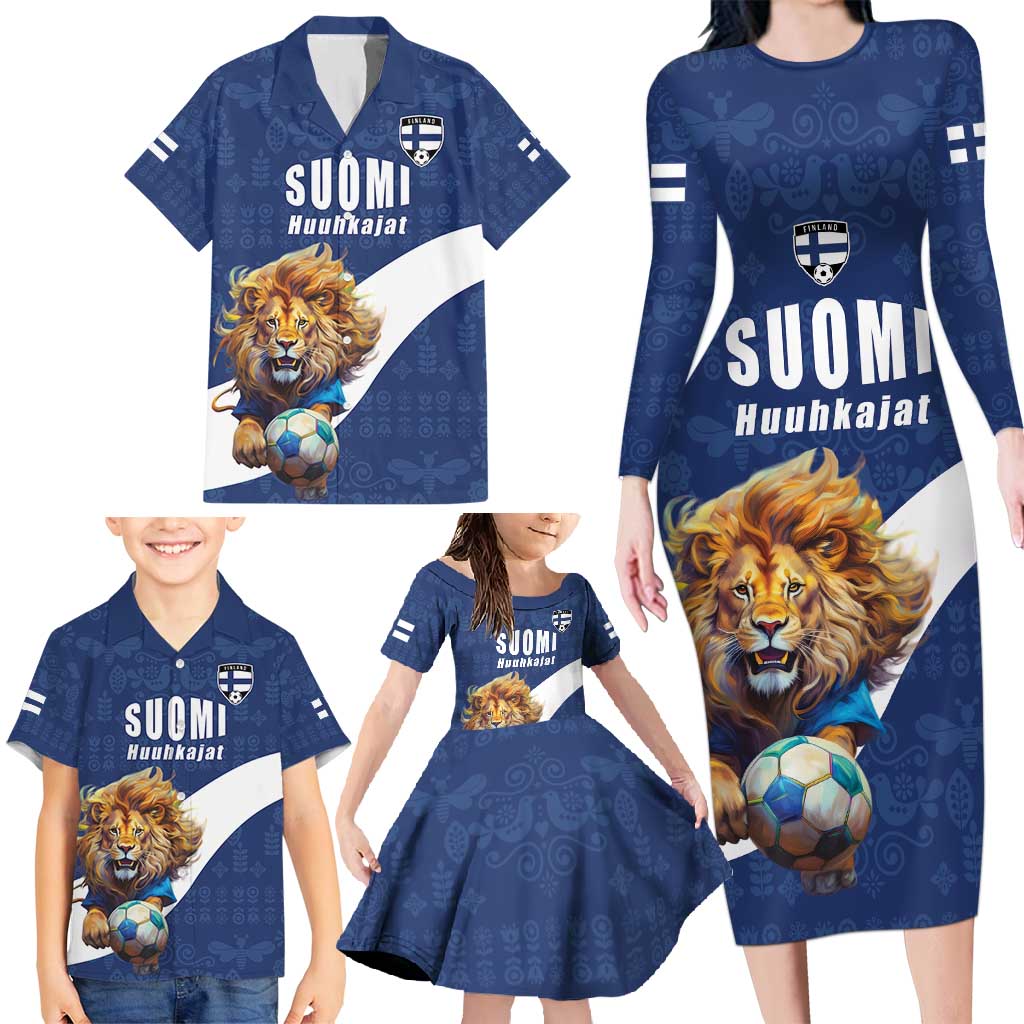 Custom Finland Football Lion Mascot Family Matching Long Sleeve Bodycon Dress and Hawaiian Shirt Huuhkajat with Finnish Folk Paterns