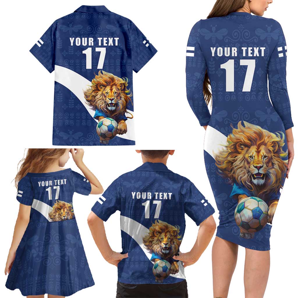 Custom Finland Football Lion Mascot Family Matching Long Sleeve Bodycon Dress and Hawaiian Shirt Huuhkajat with Finnish Folk Paterns