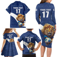 Custom Finland Football Lion Mascot Family Matching Long Sleeve Bodycon Dress and Hawaiian Shirt Huuhkajat with Finnish Folk Paterns