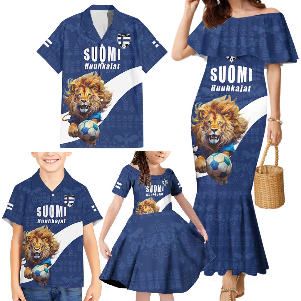 Custom Finland Football Lion Mascot Family Matching Mermaid Dress and Hawaiian Shirt Huuhkajat with Finnish Folk Paterns