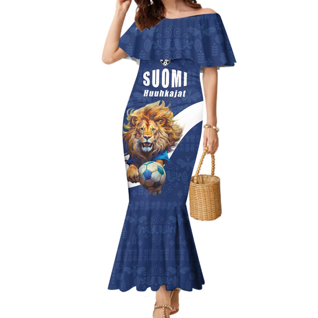 Custom Finland Football Lion Mascot Family Matching Mermaid Dress and Hawaiian Shirt Huuhkajat with Finnish Folk Paterns