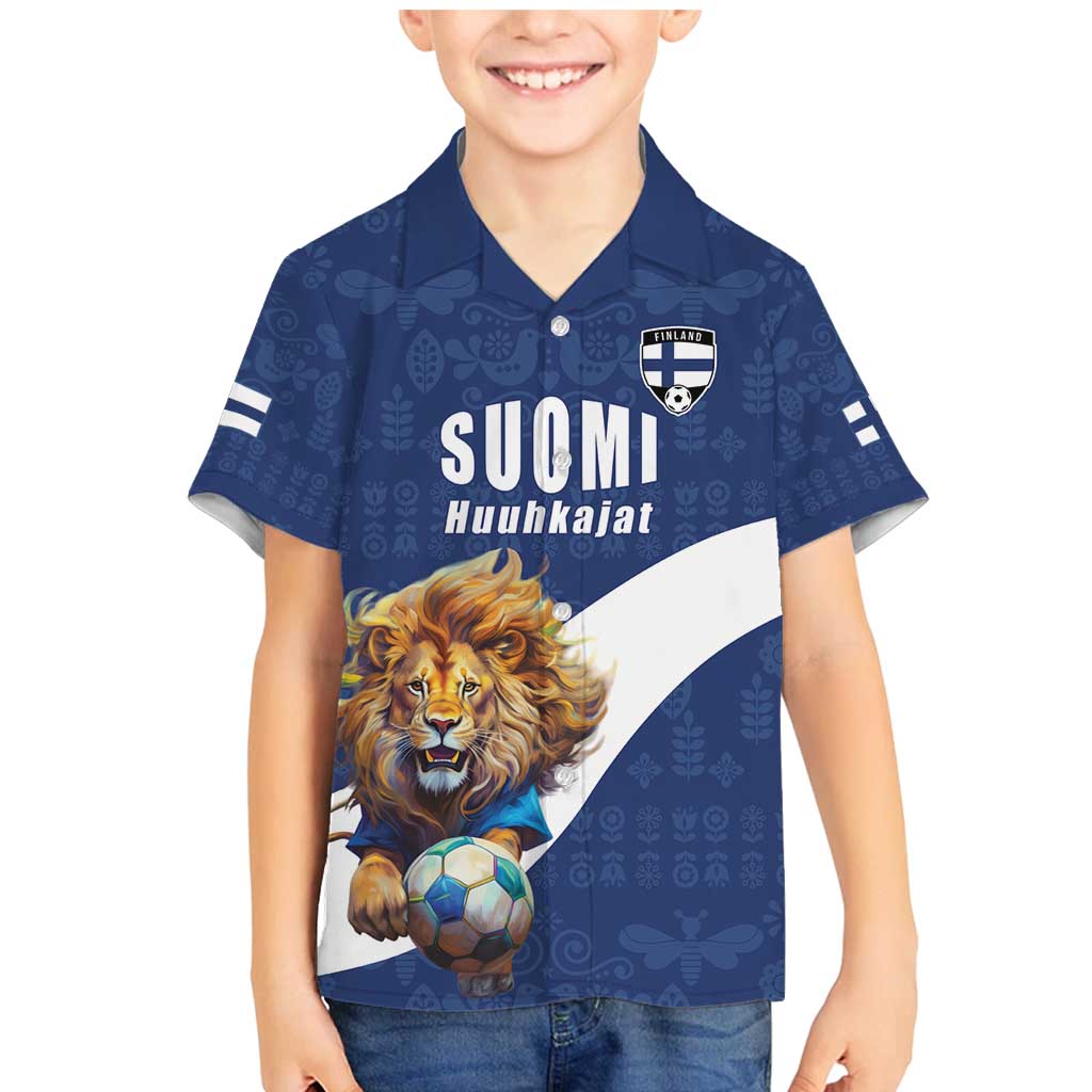 Custom Finland Football Lion Mascot Family Matching Mermaid Dress and Hawaiian Shirt Huuhkajat with Finnish Folk Paterns
