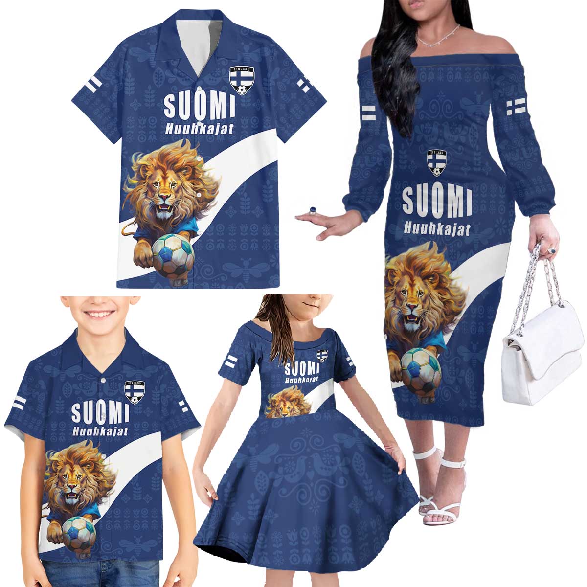 Custom Finland Football Lion Mascot Family Matching Off The Shoulder Long Sleeve Dress and Hawaiian Shirt Huuhkajat with Finnish Folk Paterns