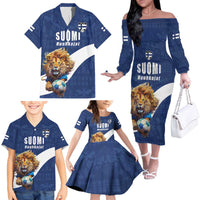 Custom Finland Football Lion Mascot Family Matching Off The Shoulder Long Sleeve Dress and Hawaiian Shirt Huuhkajat with Finnish Folk Paterns