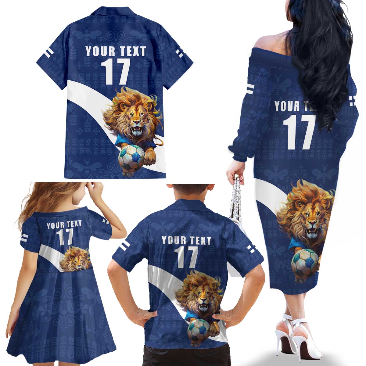 Custom Finland Football Lion Mascot Family Matching Off The Shoulder Long Sleeve Dress and Hawaiian Shirt Huuhkajat with Finnish Folk Paterns
