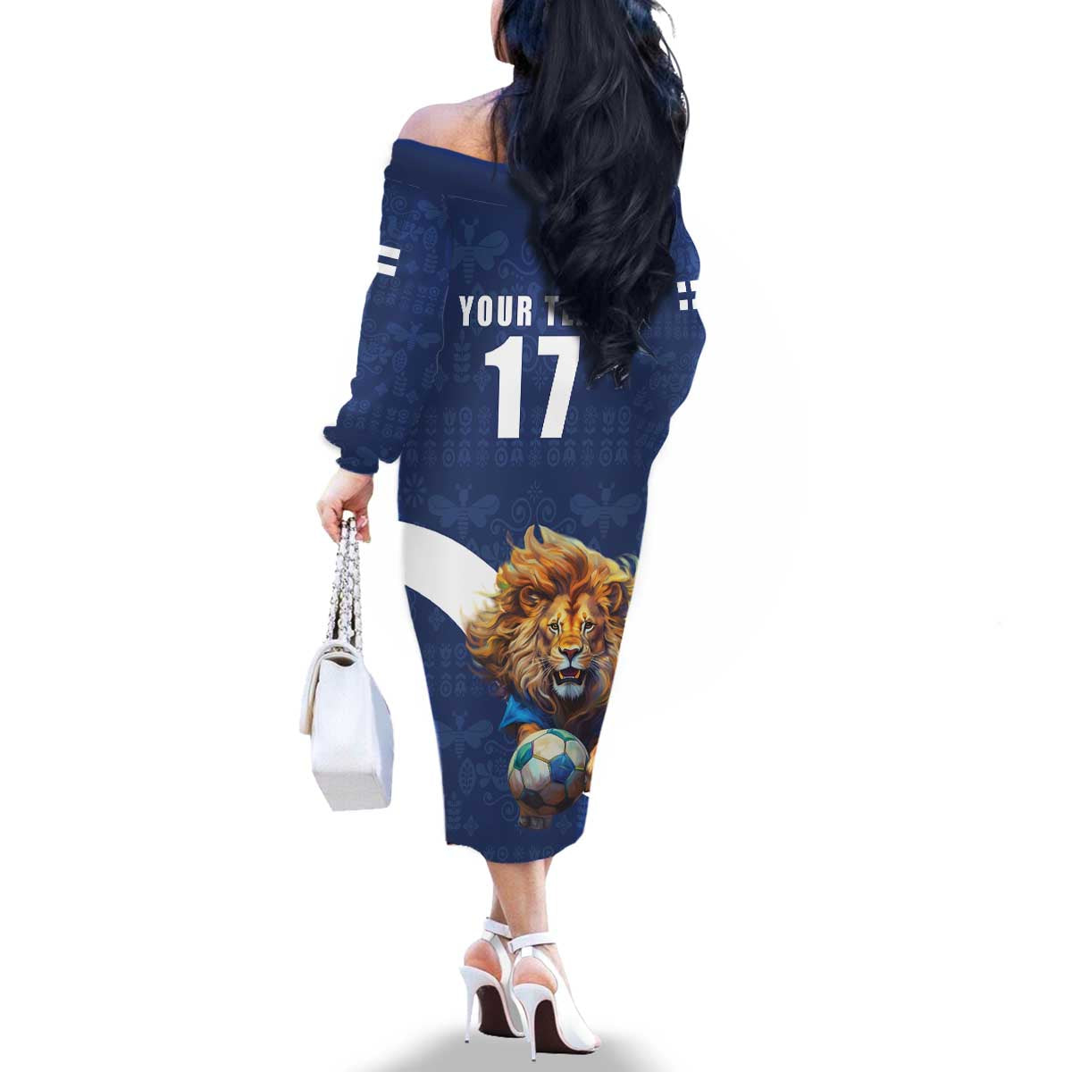 Custom Finland Football Lion Mascot Family Matching Off The Shoulder Long Sleeve Dress and Hawaiian Shirt Huuhkajat with Finnish Folk Paterns