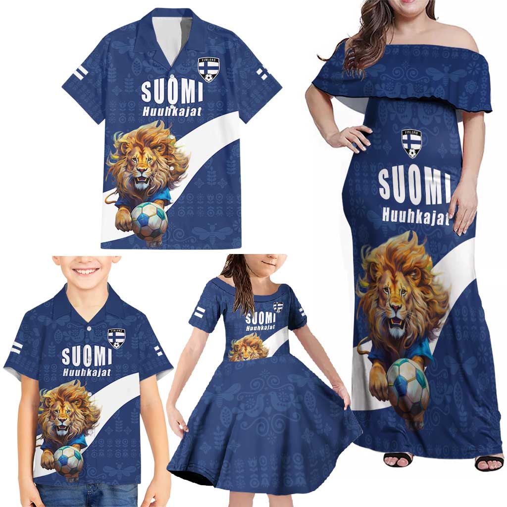 Custom Finland Football Lion Mascot Family Matching Off Shoulder Maxi Dress and Hawaiian Shirt Huuhkajat with Finnish Folk Paterns