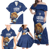 Custom Finland Football Lion Mascot Family Matching Off Shoulder Maxi Dress and Hawaiian Shirt Huuhkajat with Finnish Folk Paterns