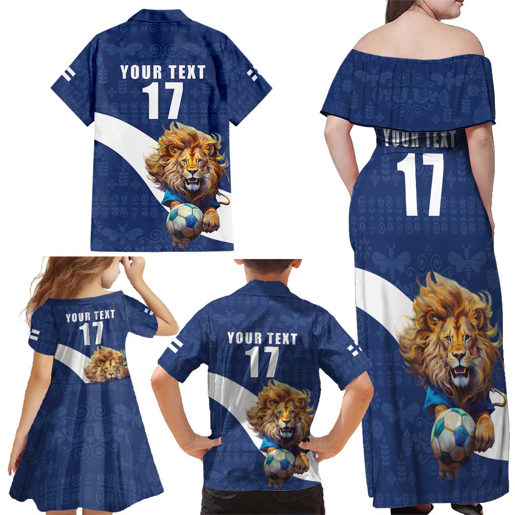Custom Finland Football Lion Mascot Family Matching Off Shoulder Maxi Dress and Hawaiian Shirt Huuhkajat with Finnish Folk Paterns