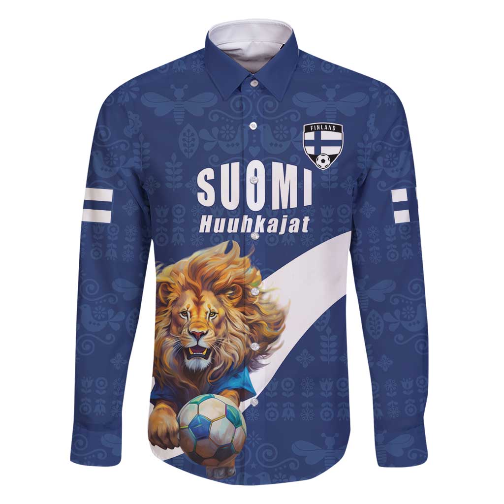 Custom Finland Football Lion Mascot Family Matching Off Shoulder Maxi Dress and Hawaiian Shirt Huuhkajat with Finnish Folk Paterns