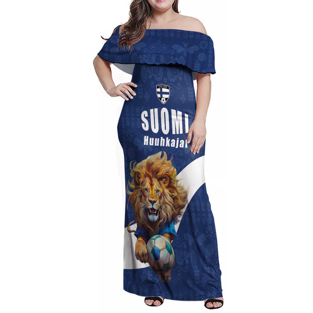 Custom Finland Football Lion Mascot Family Matching Off Shoulder Maxi Dress and Hawaiian Shirt Huuhkajat with Finnish Folk Paterns
