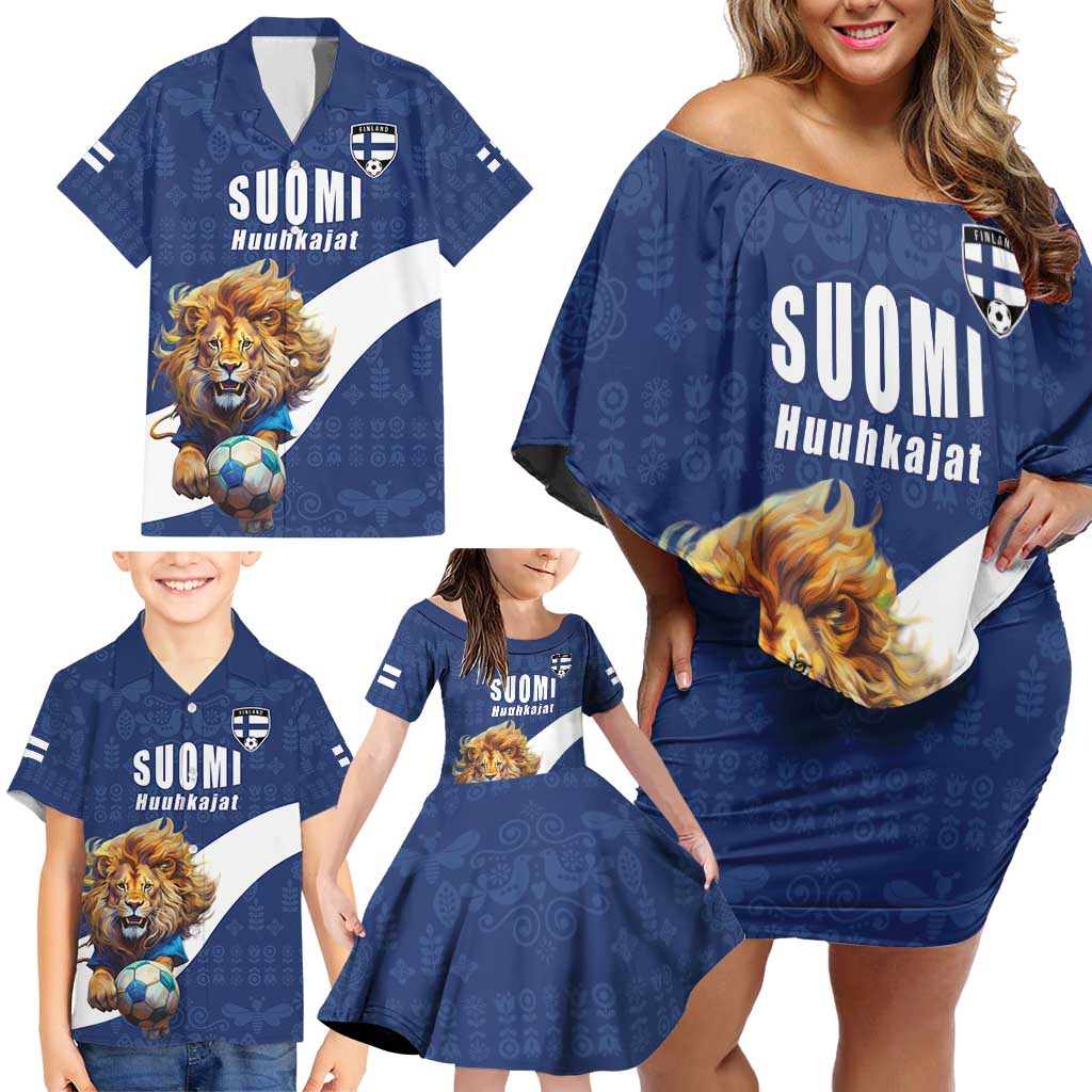 Custom Finland Football Lion Mascot Family Matching Off Shoulder Short Dress and Hawaiian Shirt Huuhkajat with Finnish Folk Paterns