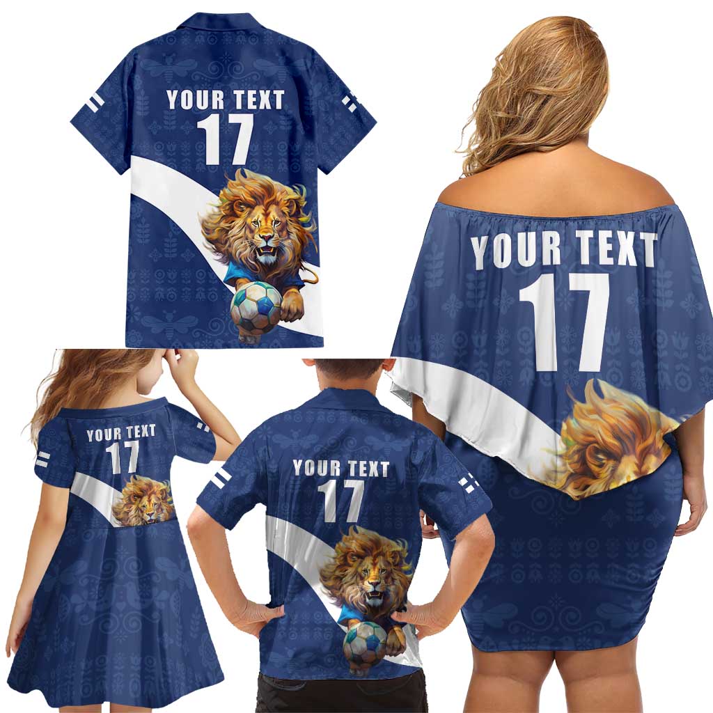Custom Finland Football Lion Mascot Family Matching Off Shoulder Short Dress and Hawaiian Shirt Huuhkajat with Finnish Folk Paterns