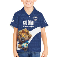 Custom Finland Football Lion Mascot Family Matching Off Shoulder Short Dress and Hawaiian Shirt Huuhkajat with Finnish Folk Paterns