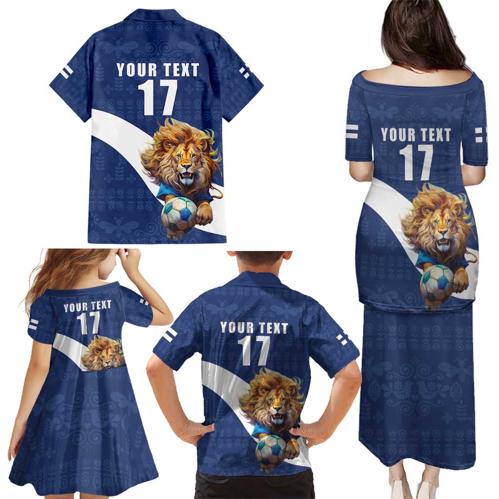Custom Finland Football Lion Mascot Family Matching Puletasi and Hawaiian Shirt Huuhkajat with Finnish Folk Paterns