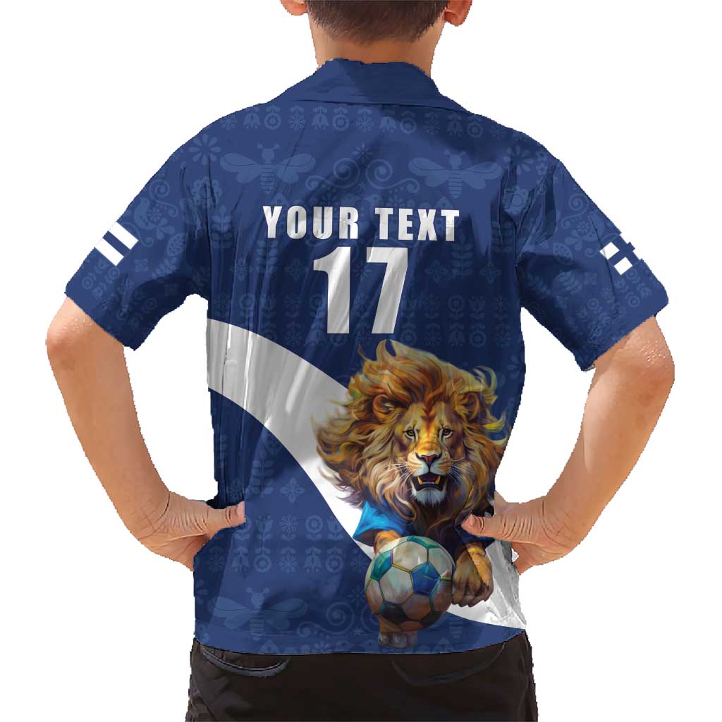 Custom Finland Football Lion Mascot Family Matching Short Sleeve Bodycon Dress and Hawaiian Shirt Huuhkajat with Finnish Folk Paterns