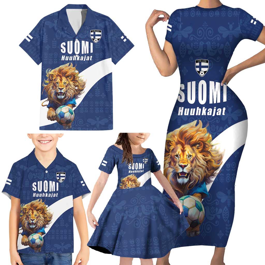 Custom Finland Football Lion Mascot Family Matching Short Sleeve Bodycon Dress and Hawaiian Shirt Huuhkajat with Finnish Folk Paterns