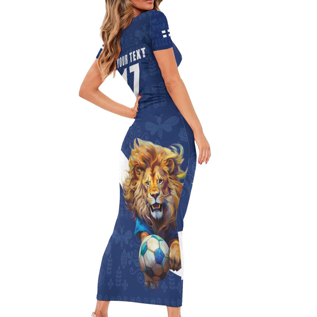 Custom Finland Football Lion Mascot Family Matching Short Sleeve Bodycon Dress and Hawaiian Shirt Huuhkajat with Finnish Folk Paterns
