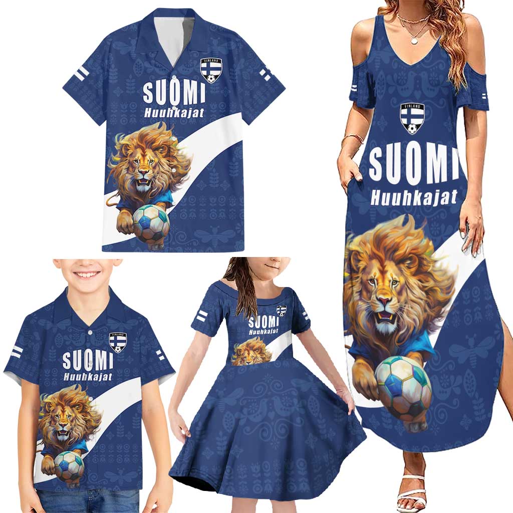 Custom Finland Football Lion Mascot Family Matching Summer Maxi Dress and Hawaiian Shirt Huuhkajat with Finnish Folk Paterns