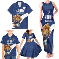 Custom Finland Football Lion Mascot Family Matching Tank Maxi Dress and Hawaiian Shirt Huuhkajat with Finnish Folk Paterns