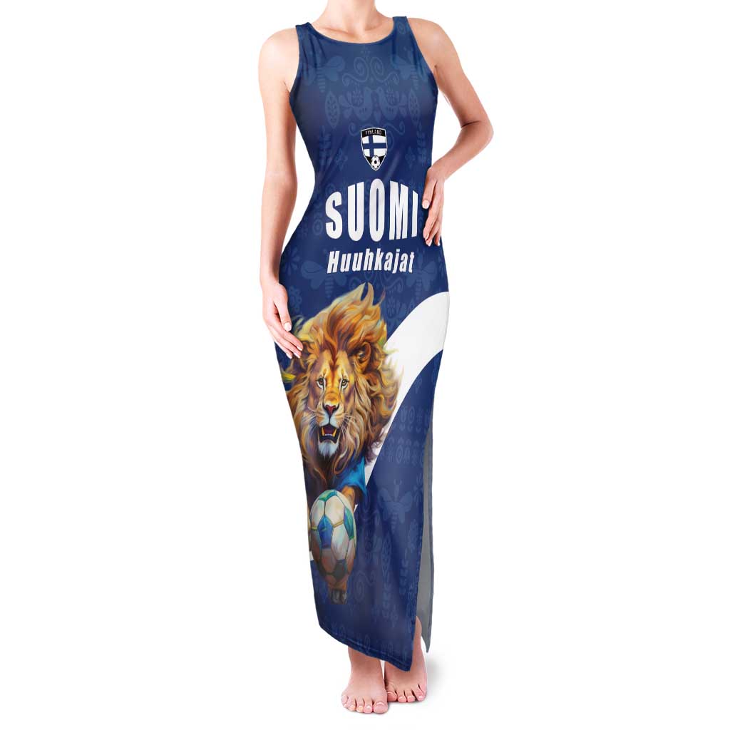 Custom Finland Football Lion Mascot Family Matching Tank Maxi Dress and Hawaiian Shirt Huuhkajat with Finnish Folk Paterns