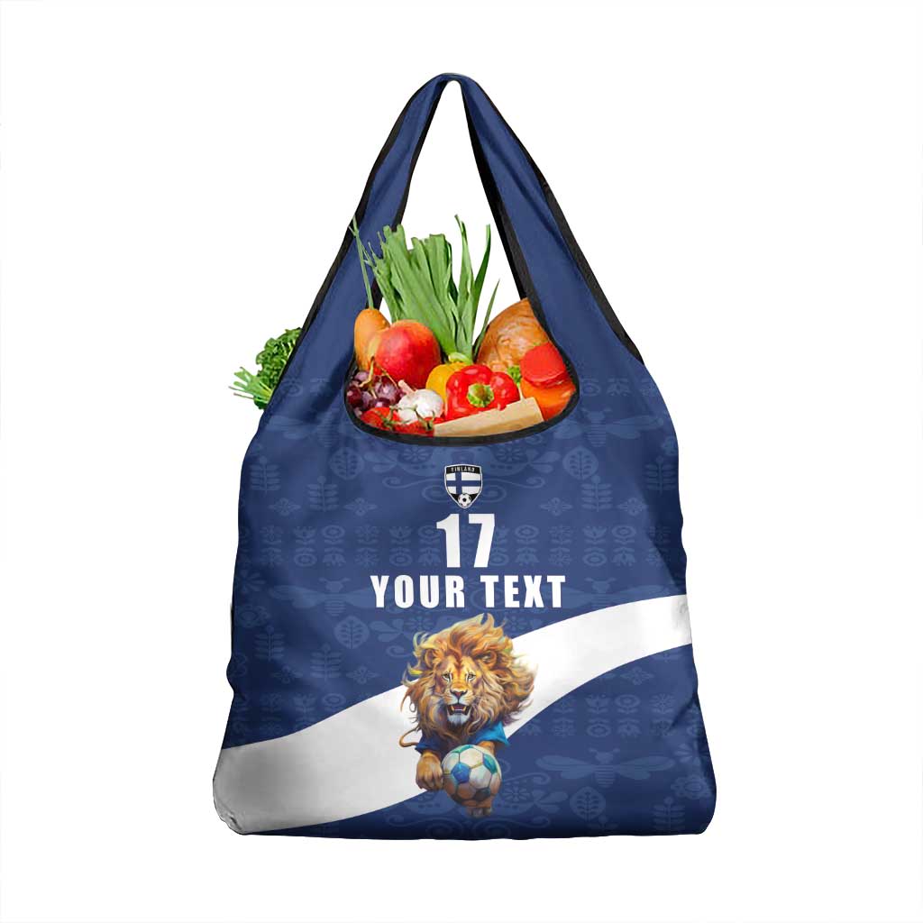 Custom Finland Football Lion Mascot Grocery Bag Huuhkajat with Finnish Folk Paterns