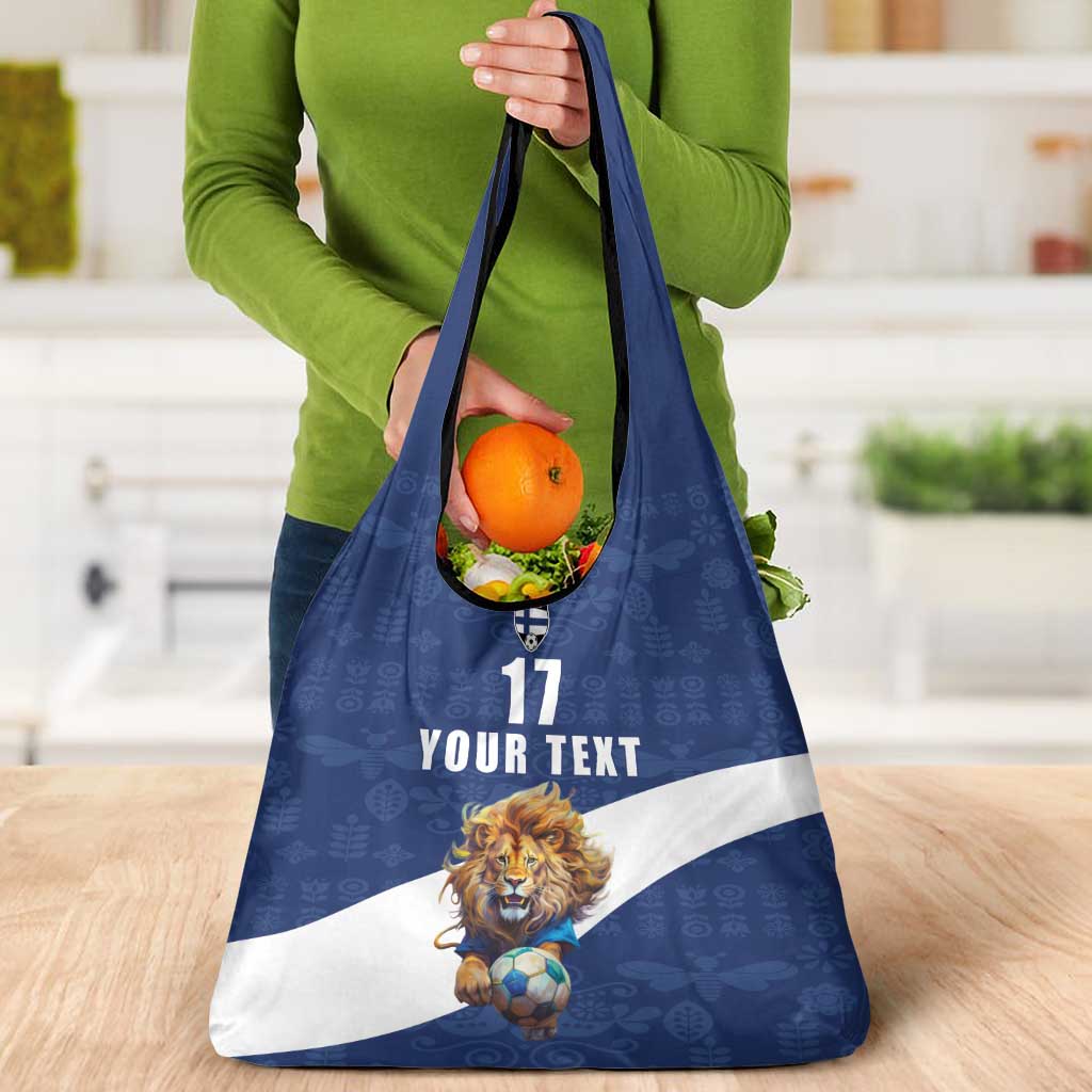 Custom Finland Football Lion Mascot Grocery Bag Huuhkajat with Finnish Folk Paterns