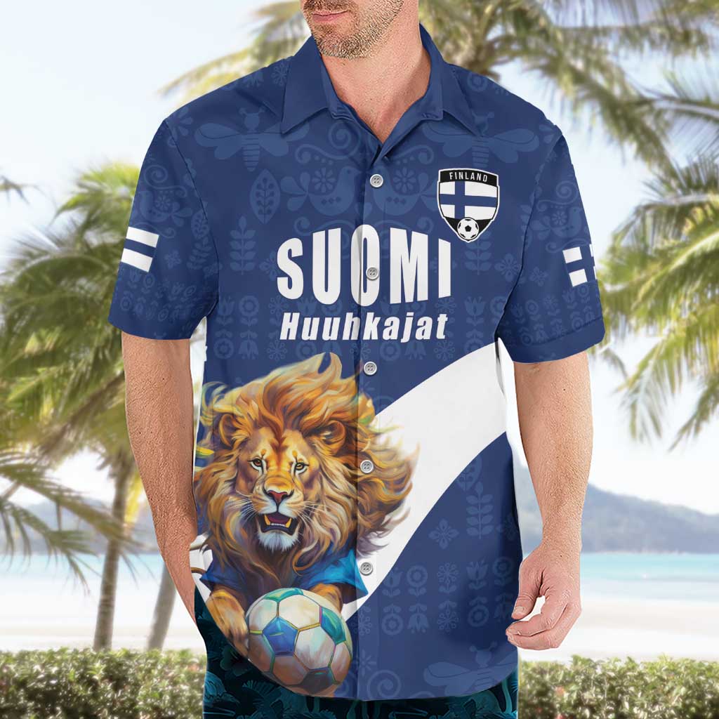 Custom Finland Football Lion Mascot Hawaiian Shirt Huuhkajat with Finnish Folk Paterns