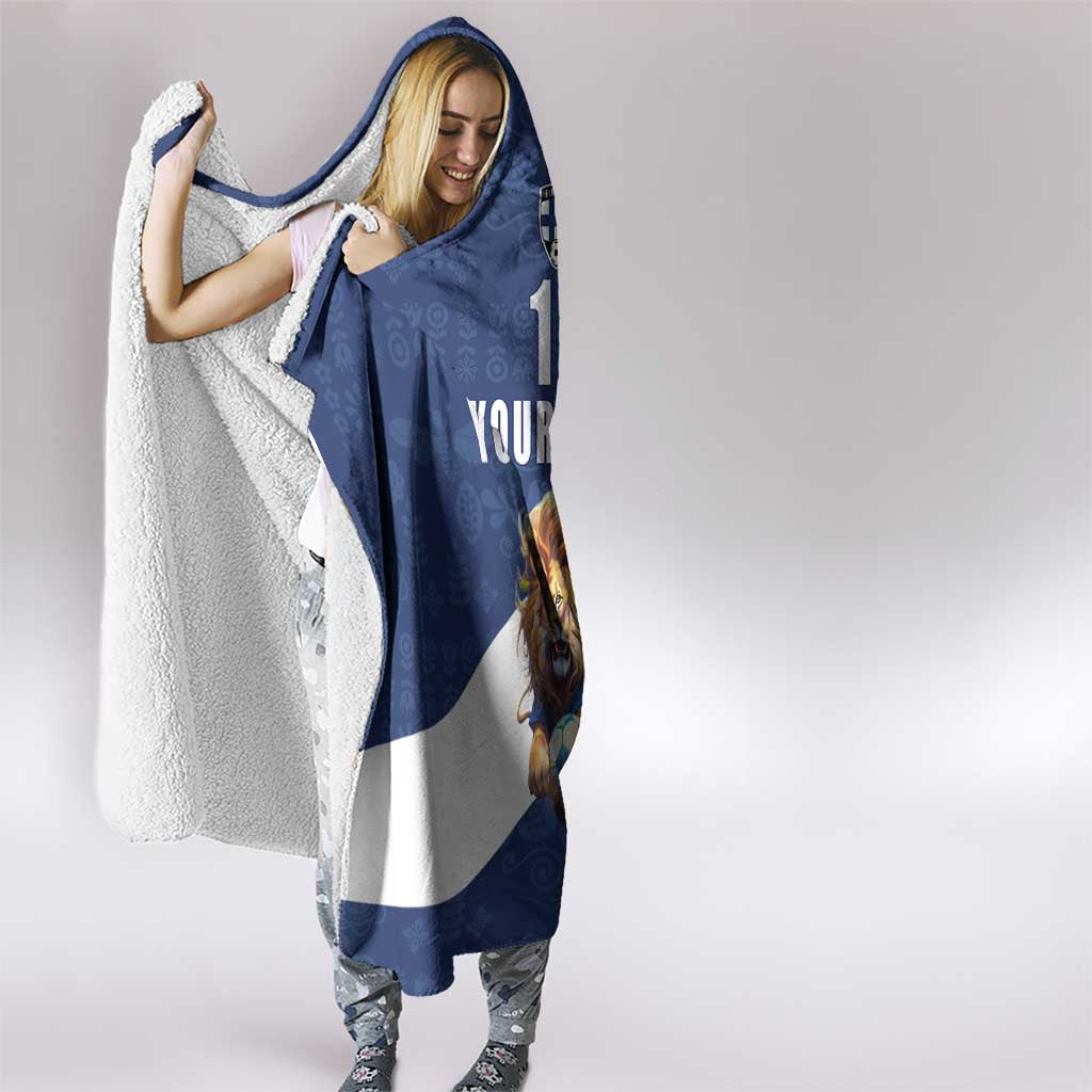 Custom Finland Football Lion Mascot Hooded Blanket Huuhkajat with Finnish Folk Paterns