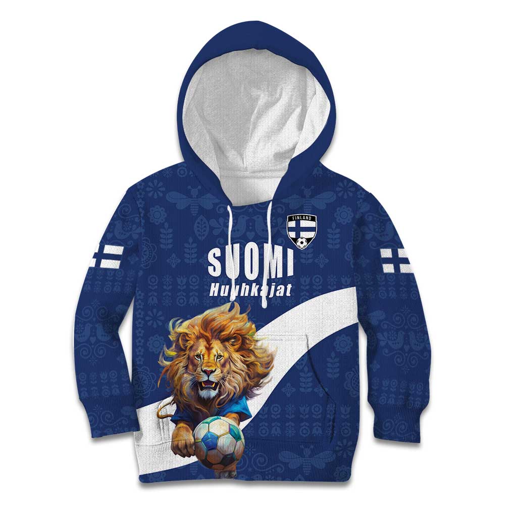 Custom Finland Football Lion Mascot Kid Hoodie Huuhkajat with Finnish Folk Paterns