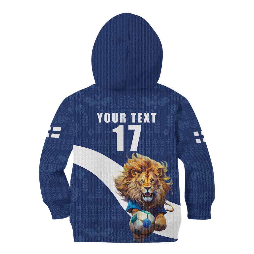Custom Finland Football Lion Mascot Kid Hoodie Huuhkajat with Finnish Folk Paterns