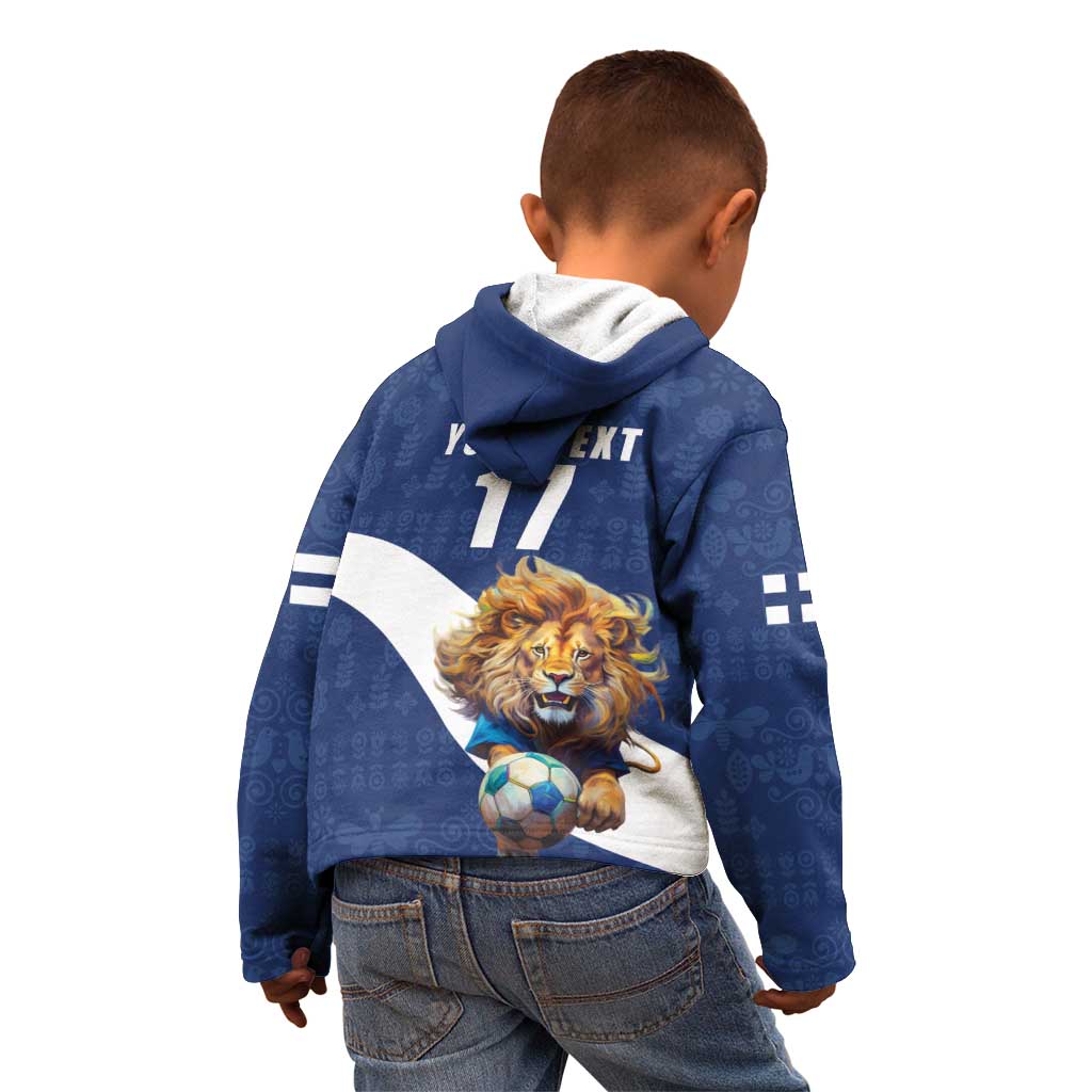 Custom Finland Football Lion Mascot Kid Hoodie Huuhkajat with Finnish Folk Paterns