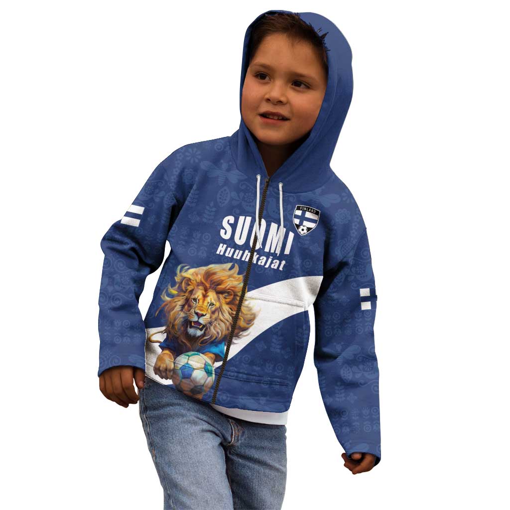 Custom Finland Football Lion Mascot Kid Hoodie Huuhkajat with Finnish Folk Paterns
