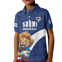 Custom Finland Football Lion Mascot Kid Polo Shirt Huuhkajat with Finnish Folk Paterns
