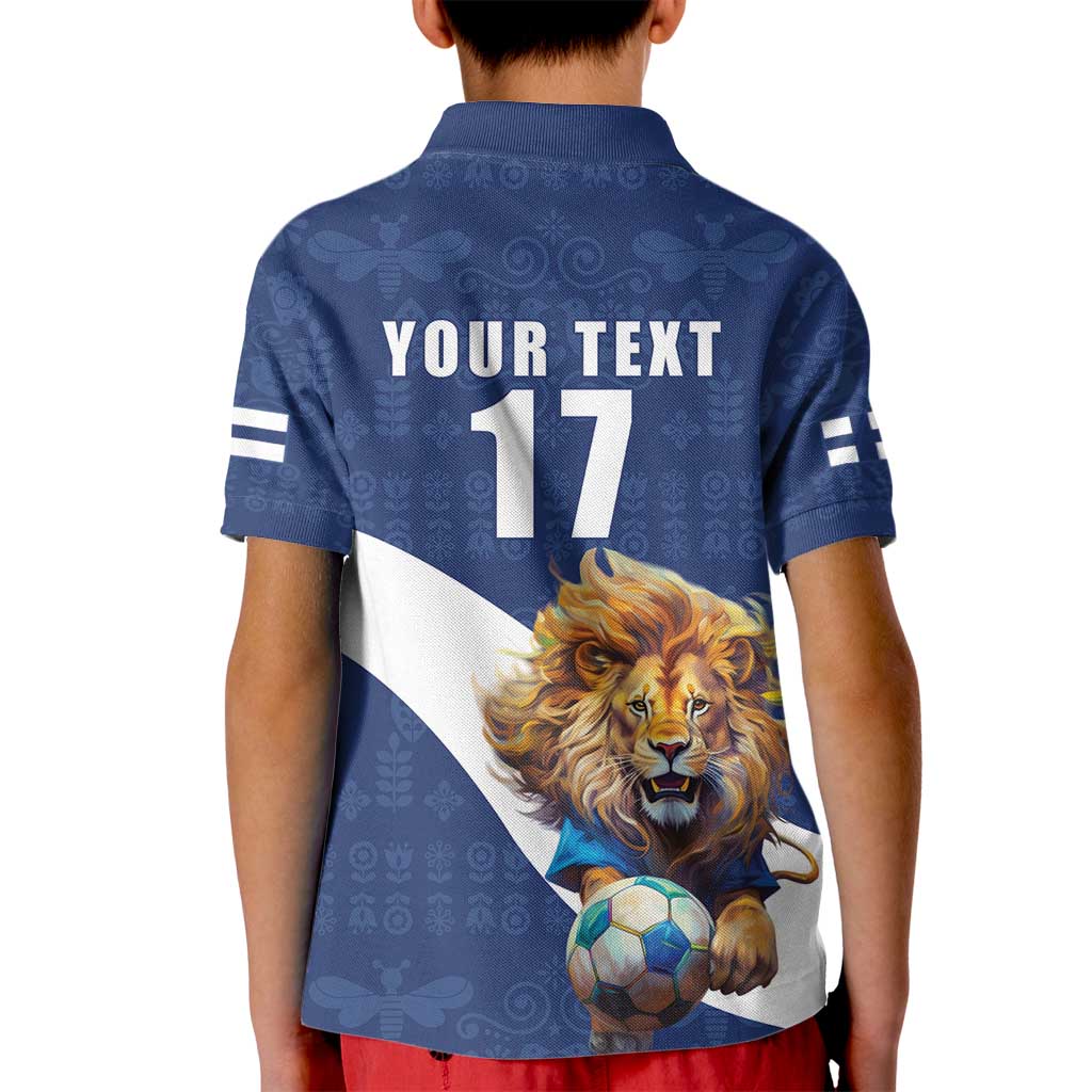 Custom Finland Football Lion Mascot Kid Polo Shirt Huuhkajat with Finnish Folk Paterns