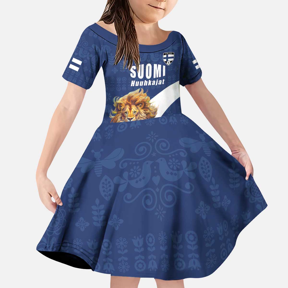Custom Finland Football Lion Mascot Kid Short Sleeve Dress Huuhkajat with Finnish Folk Paterns