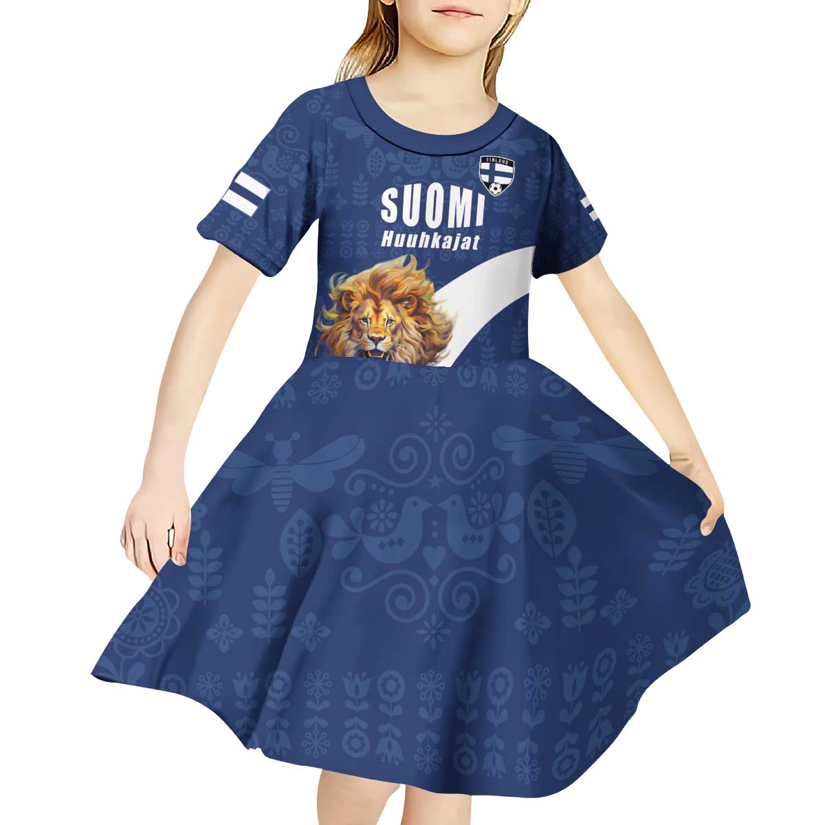 Custom Finland Football Lion Mascot Kid Short Sleeve Dress Huuhkajat with Finnish Folk Paterns