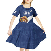 Custom Finland Football Lion Mascot Kid Short Sleeve Dress Huuhkajat with Finnish Folk Paterns
