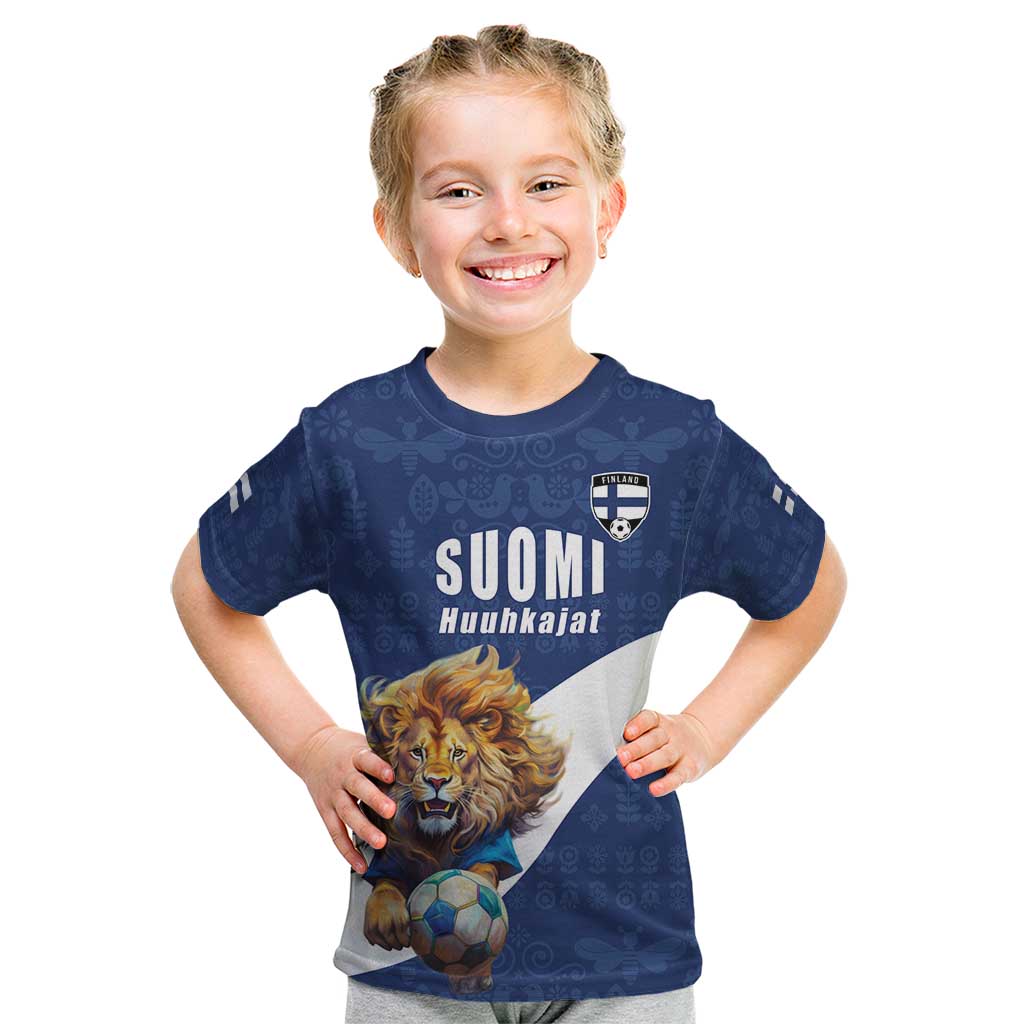 Custom Finland Football Lion Mascot Kid T Shirt Huuhkajat with Finnish Folk Paterns