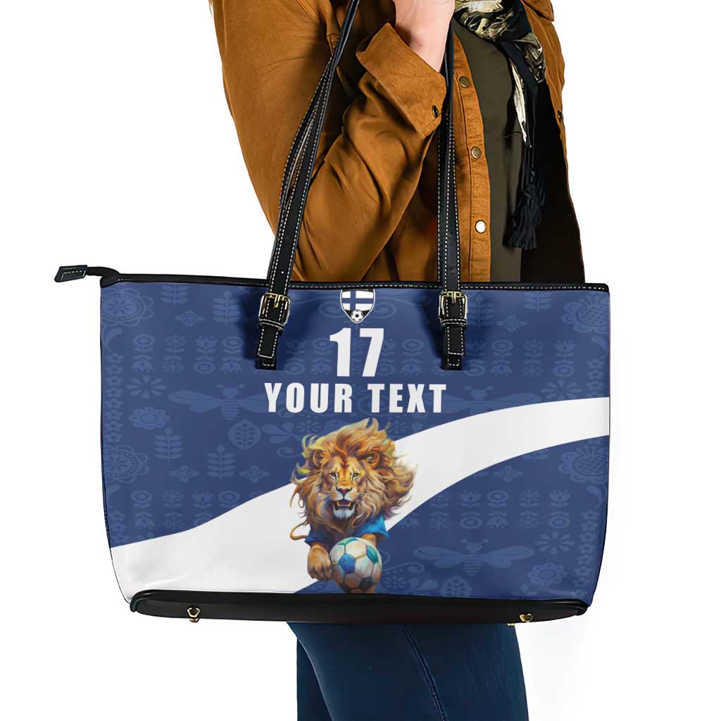 Custom Finland Football Lion Mascot Leather Tote Bag Huuhkajat with Finnish Folk Paterns