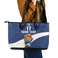 Custom Finland Football Lion Mascot Leather Tote Bag Huuhkajat with Finnish Folk Paterns