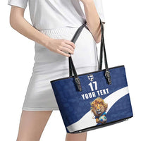 Custom Finland Football Lion Mascot Leather Tote Bag Huuhkajat with Finnish Folk Paterns