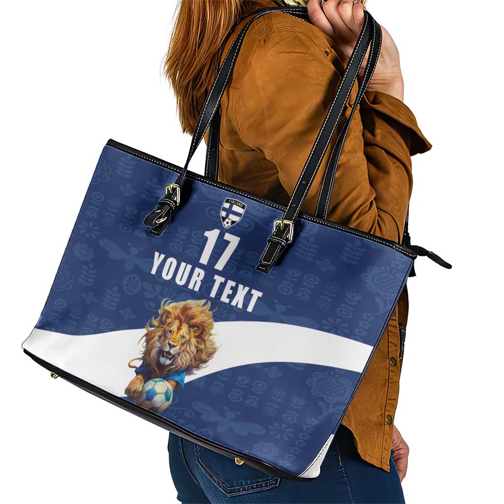 Custom Finland Football Lion Mascot Leather Tote Bag Huuhkajat with Finnish Folk Paterns