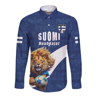 Custom Finland Football Lion Mascot Long Sleeve Button Shirt Huuhkajat with Finnish Folk Paterns